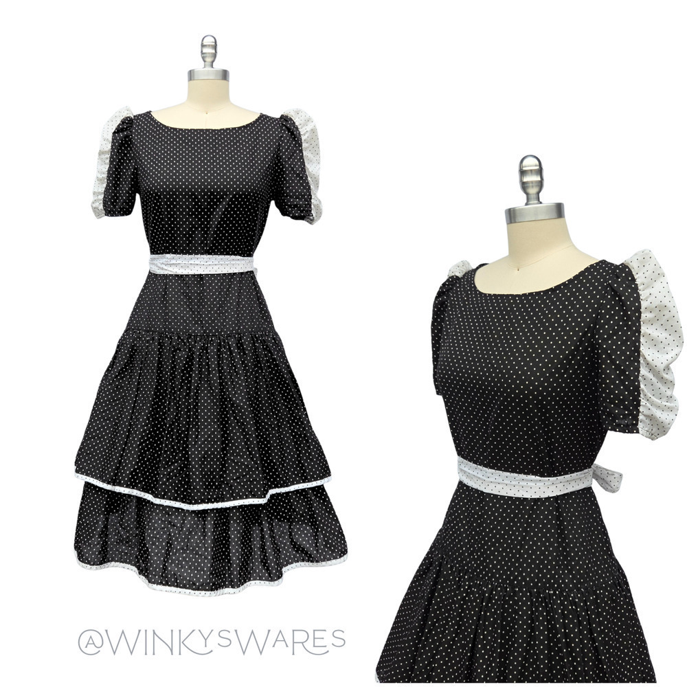 Vintage 70s Black and White Polka Dot Fit & Flare Midi Dress Size S Puff Sleeve